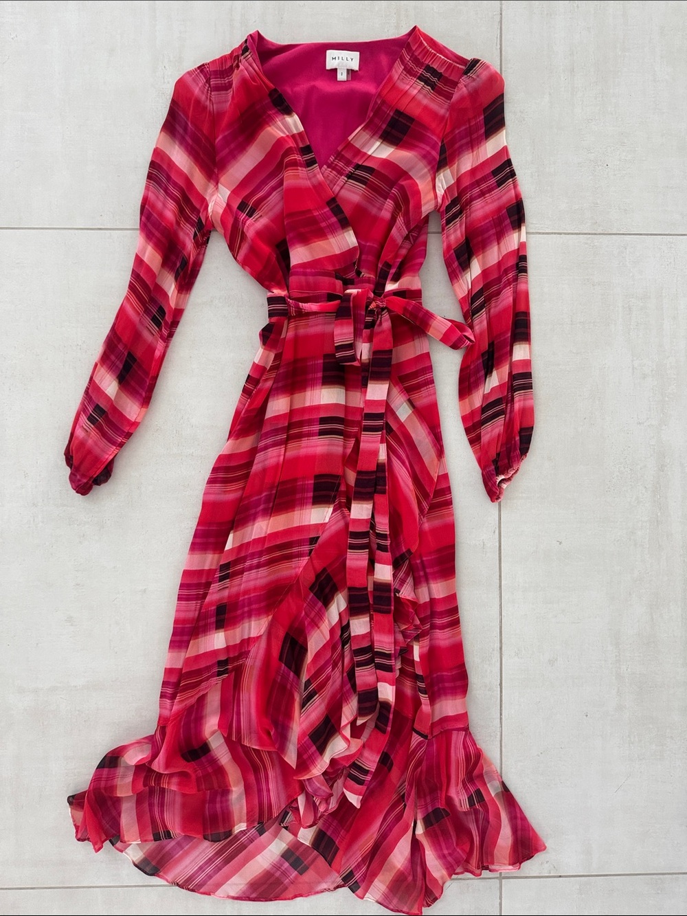 Milly Pink & Black Plaid Wrap Midi Dress